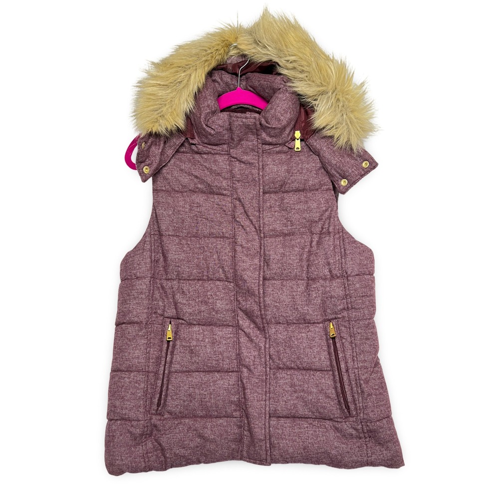 Banana Republic Puffer Vest Women Medium Burgundy Excellent Faux Fur Hood Fleece